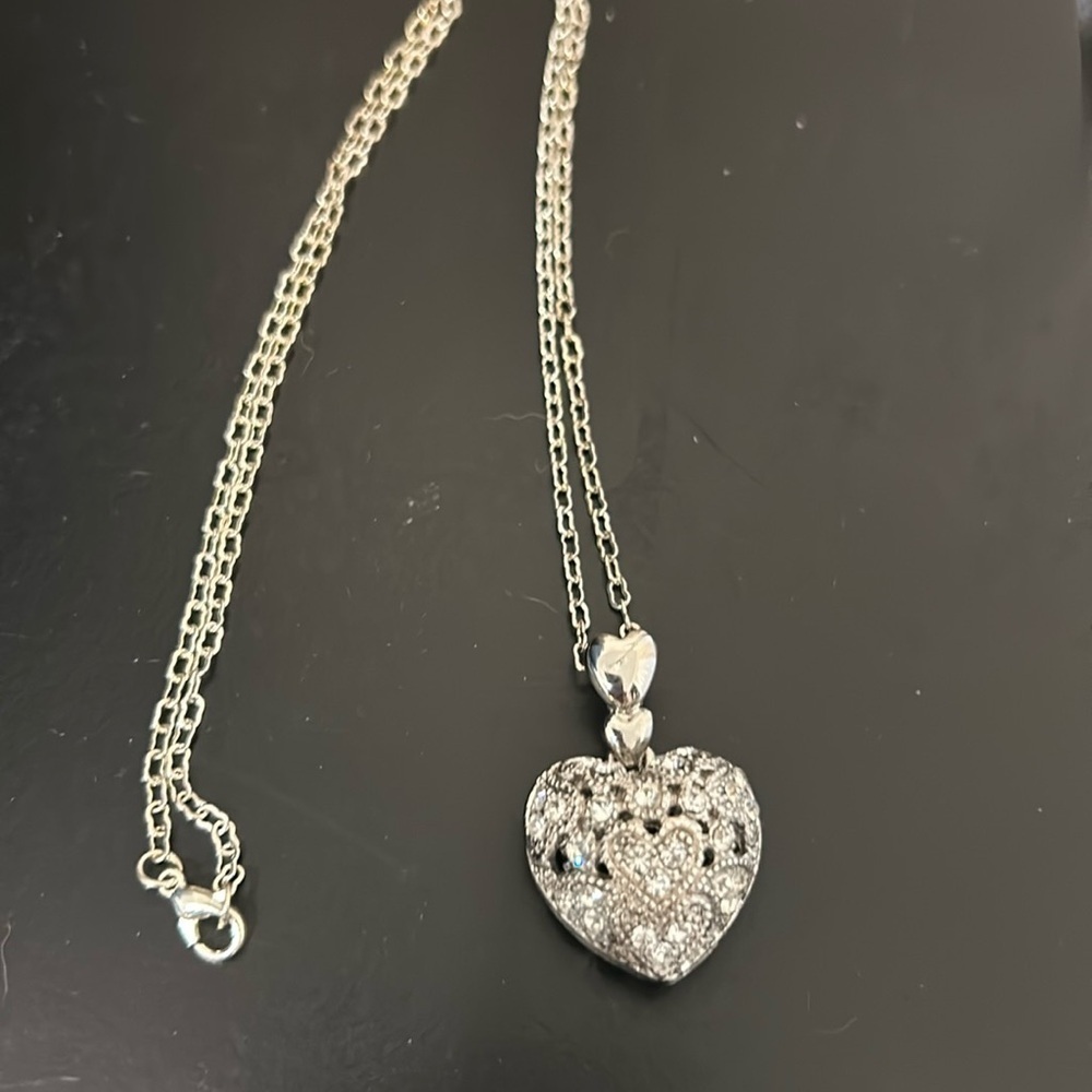 Rhinestone Milgrain Filigree Reversible Silver tone Bubble Heart Pendant Vintage